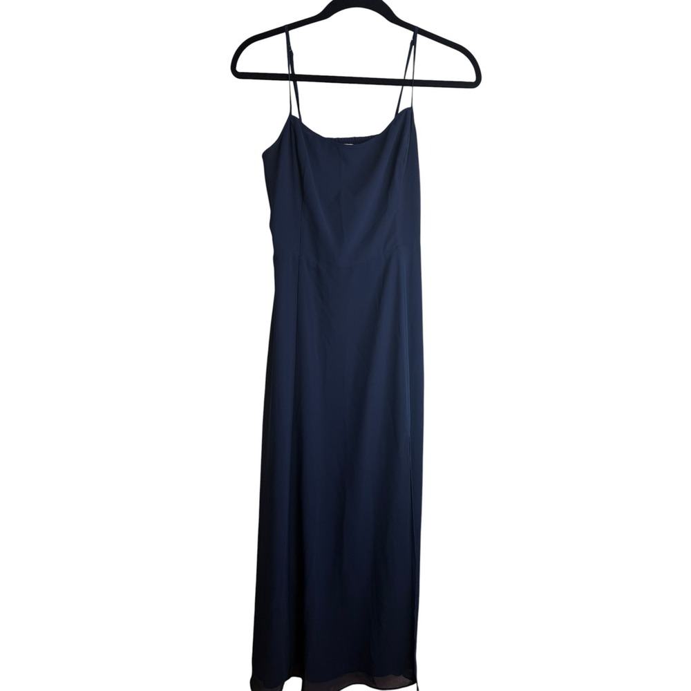 Aritzia Wilfred Free Navy Blue Chiffon Maxi Dress Smocked Back Side Slit Small